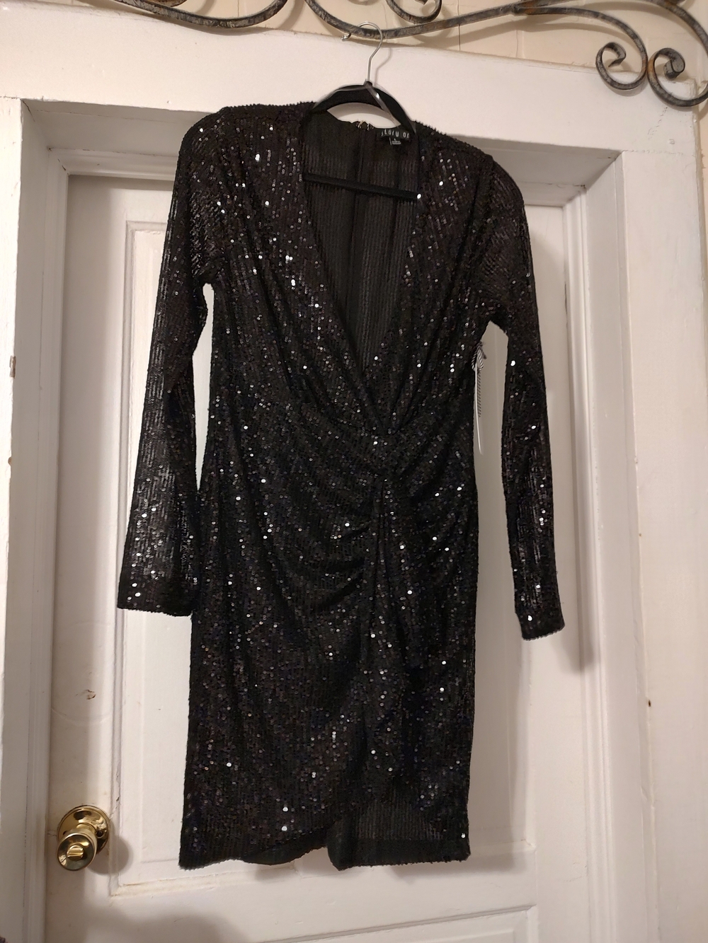 Black Sequin Long Sleeve Wrap-Front Dress